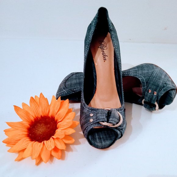 🎁FREE GIFT INCLUDED🎁 NWOT Denim Stiletto Platform Peep Toe Heels Metal Accent - Picture 6 of 15